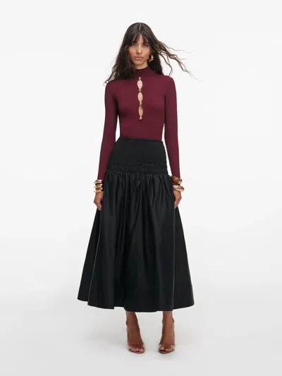 Self-portrait Long-sleeved Ribbed Knit Top With Gold Buttons - Size S In Red