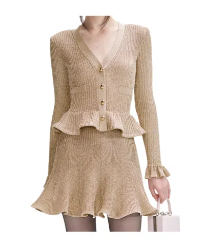 Self-portrait Lurex Peplum Knit Mini Dress In Brown