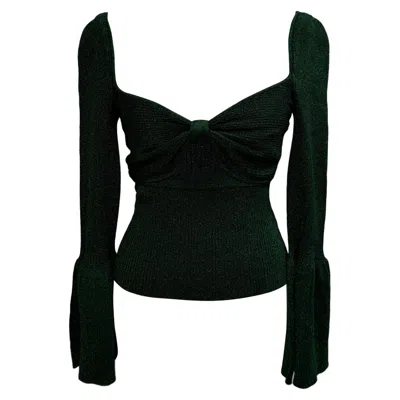 Self-portrait Lurex-knit Bell-sleeved Blouse In Olive Polyamide In Green