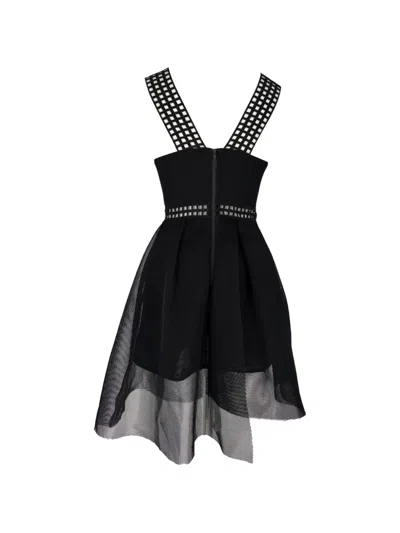 Pre-owned Self-portrait Mesh Asymmetric Hem Dress In Black