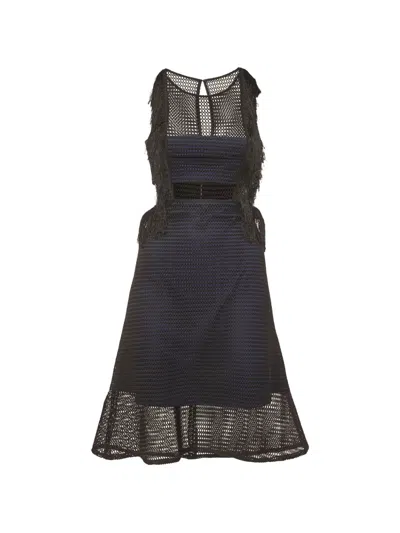 Pre-owned Self-portrait Mesh Fringe Midi Dress In Black