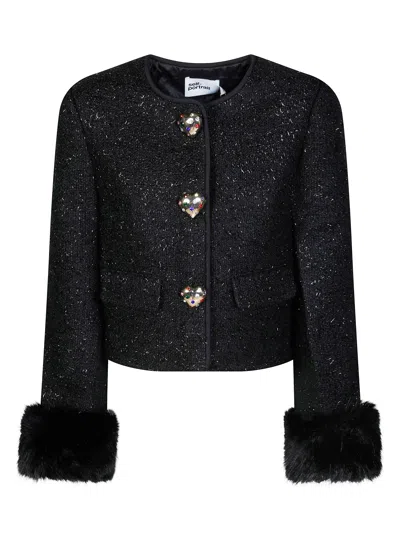 Self-portrait Metallic Boucle Loop Faux Fur Cuff Jacket In Nero