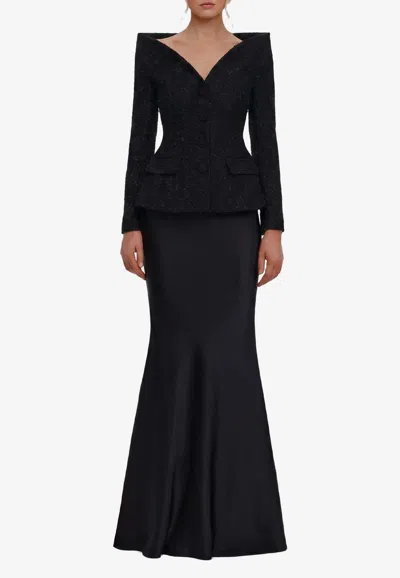 Self-portrait Metallic Boucle Satin Maxi Dress In Black