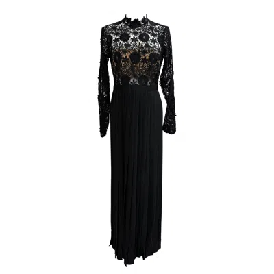 Self-portrait Mia Lace-accent Pleated Gown In Black Polyester