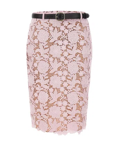 Self-portrait Midi Floral Lace Skirt With Elegant Slit And Waist Belt In Pink
