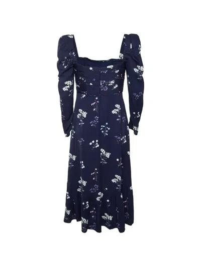 Pre-owned Self-portrait Midi Floral-print Ruched Dress In Blue