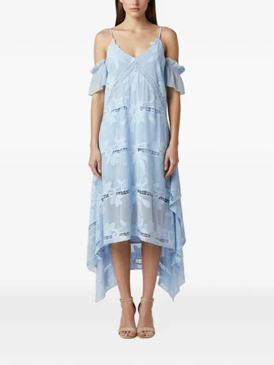 Pre-owned Self-portrait Midi Guipure Lace Cold-shoulder Dress In Blue