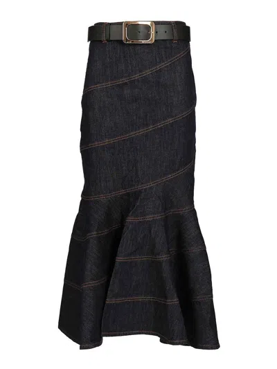 Self-portrait Dark Denim Skirt With Mermaid Hem And Back Zipper Closure In Blue