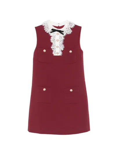 Self-portrait Mini Abito Bordeaux In Crepe Con Colletto In Pizzo E Fiocchi Self Portrait In Burgundy