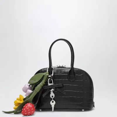 Self-portrait Mini Black-embellished Bowling Bag In Embossed Leather