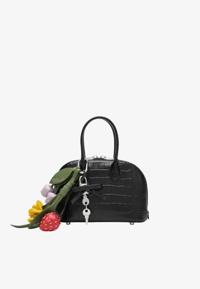 Self-portrait Mini Bowling Bag In Croc-embossed Leather In Black