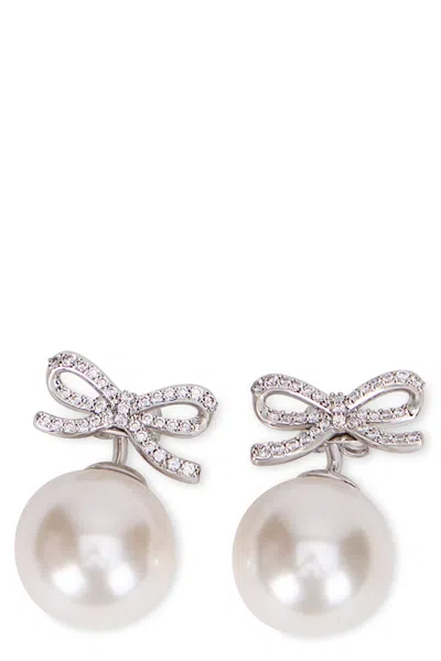 Self-portrait Mini Button Earrings With Crystal-embellished Bow In White
