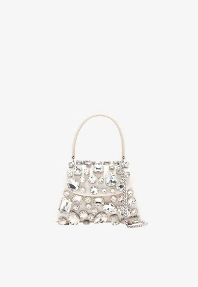 Self-portrait Mini Crystal-embellished Top Handle Bag In Cream