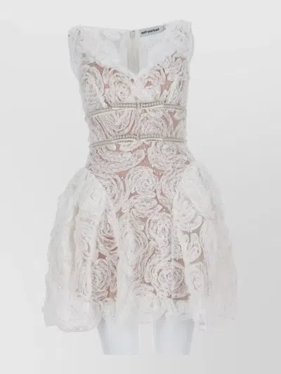 Self-portrait Lace Overlay Mini Dress With Textured Flared Skirt In White