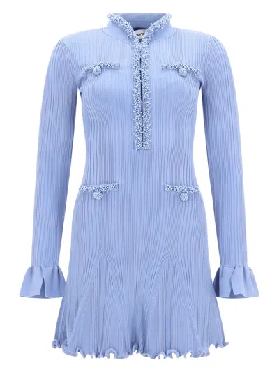 Self-portrait Self Portrait Mini Ribbed Knit Short Dress With Pearl Embellishments In Blue