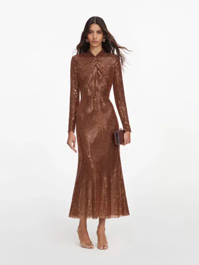 Self-portrait Rhinestone-embellished Long-sleeve Midi Dress In Brown