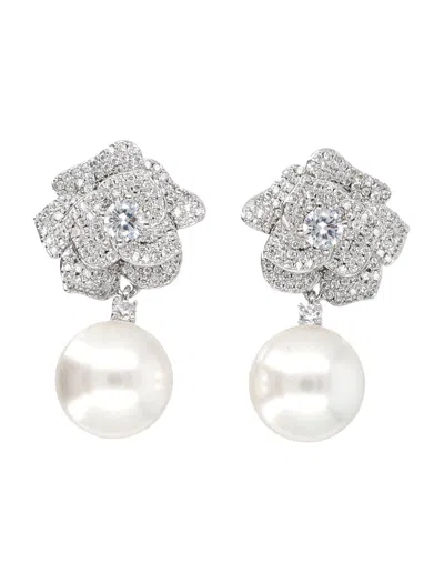 Self-portrait Mini Floral Drop Stud Earrings With Crystals & Faux Pearls, 4 Cm In Silver