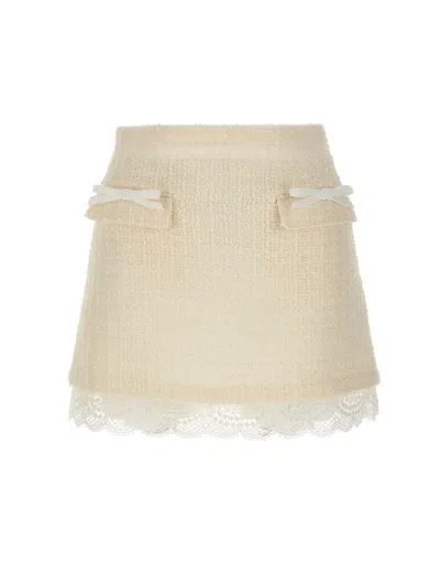 Self-portrait Mini Lace-hem Bouclé Skirt In Neutral