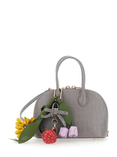 Self-portrait Mini Leather Handbag With Adjustable Removable Shoulder Strap, Front Charm & Croc-text In Grey