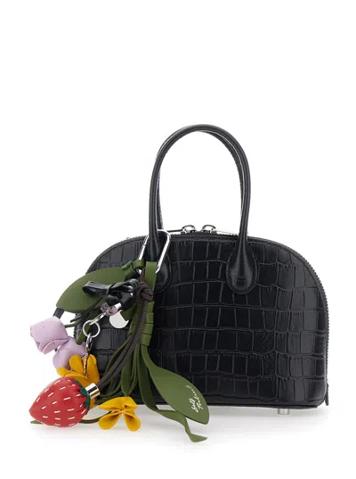 Self-portrait Mini Leather Handbag With Adjustable Removable Shoulder Strap, Front Charm And Texture In Black