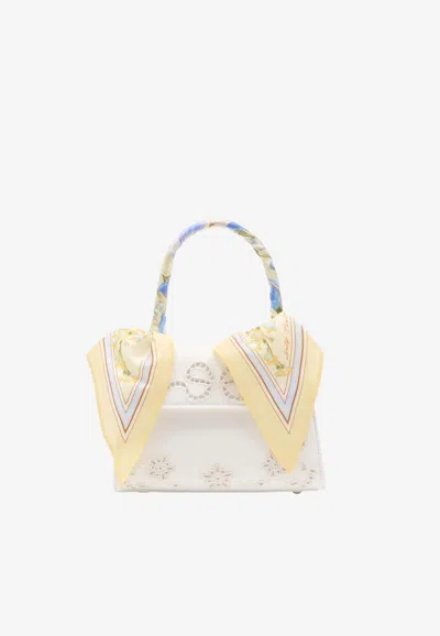 Self-portrait Mini Linen Floral Top Handle Bag In Cream