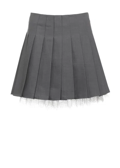 Self-portrait Mini Pleated Skirt With Lace Hem Detail In Gray