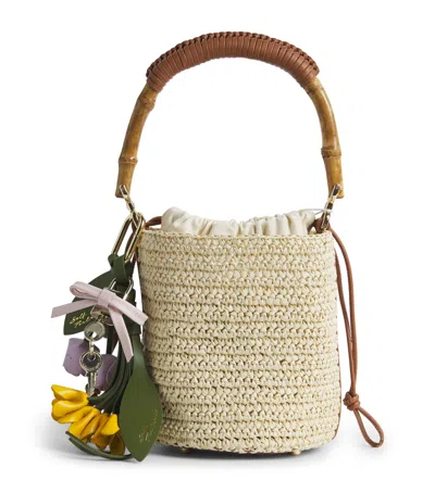 Self-portrait Mini Raffia Bucket Bag In Sand