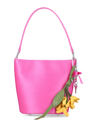 Self-portrait Mini Satin Bucket Handbag With Removable Charms, Central Magnetic Closure & Mirror In Rosa