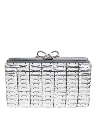 Self-portrait Mini Satin Crystal Clutch Handbag In Gray