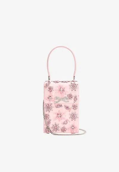 Self-portrait Mini Satin Floral Crystal Handbag In Pink