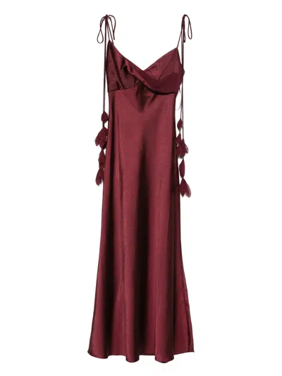 Self-portrait Bordeaux Long Dress With Knotted Shoulder Straps And Floral Details In Fabric Woman In Brown