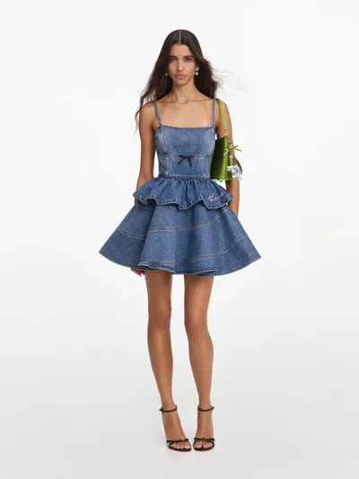 Self-portrait Mini Skater Style Skirt With Back Zip And Bow Motif - Size Uk 6 In Blue