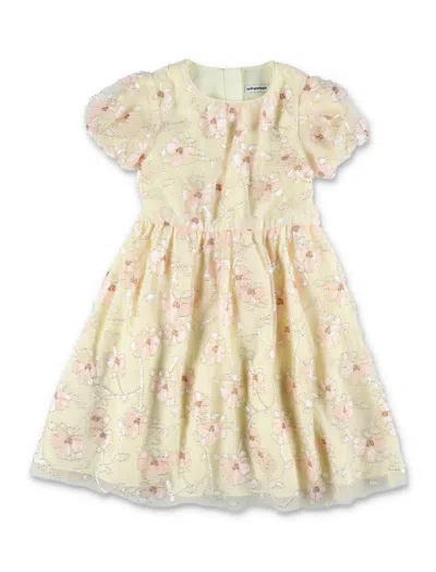 Self-portrait Kids'  Mini Tulle Dress With Floral Embroidery For Girls In Brown