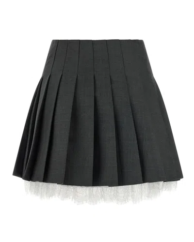 Self-portrait Pleated Mini Skirt With Lace Detail And Side Zip In Gray