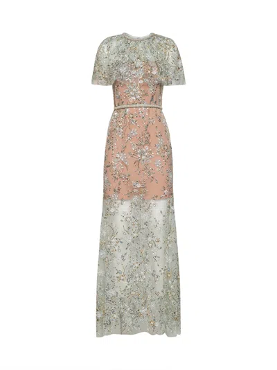 Self-portrait Mint Embroidered Tulle Cape Maxi Dress In Gray