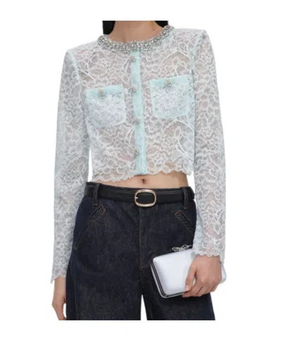 Self-portrait Mint Lace Crystal Embellished Jacket In Green