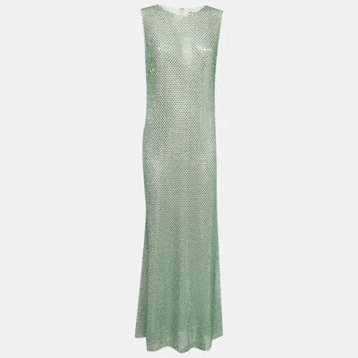 Pre-owned Self-portrait Mint Rhinestone Embellished Mesh Midi Dress L In Green