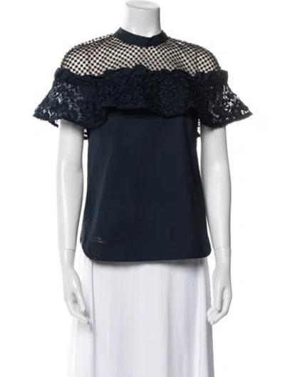 Pre-owned Self-portrait Mock Neck Short Sleeve Blouse In Blue