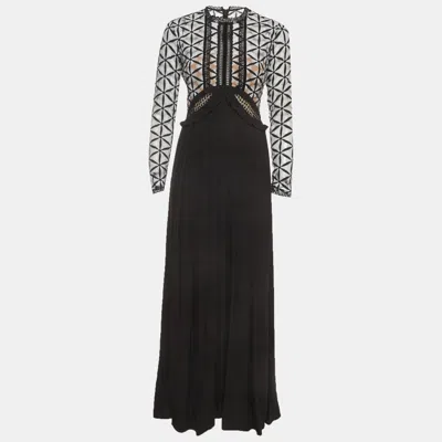 Pre-owned Self-portrait Monochrome Guipure Lace And Crepe Pleated Maxi Dress S In Black