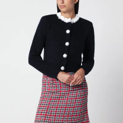 Self-portrait Navy Alpaca Sweater With Flowers In Black