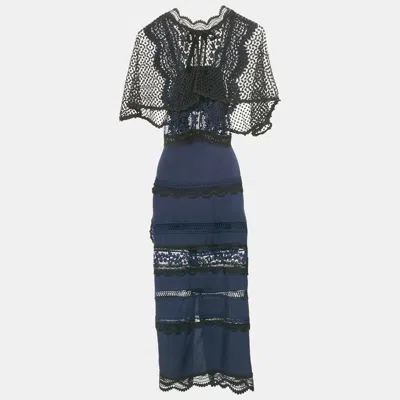 Self-portrait Navy Blue Bellis Lace & Crepe Cape Sleeved Maxi Dress