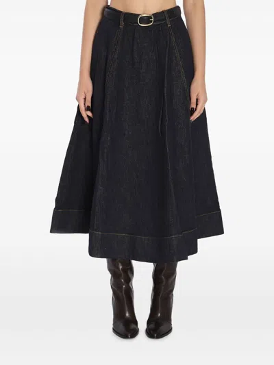 Self-portrait Navy Blue Denim Maxi Skirt In Black