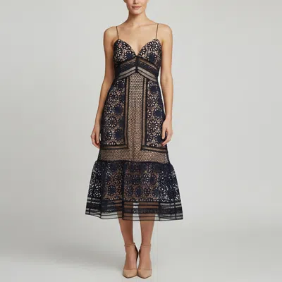 Pre-owned Self-portrait Navy Blue Floral Lace Strappy Midi Dress M