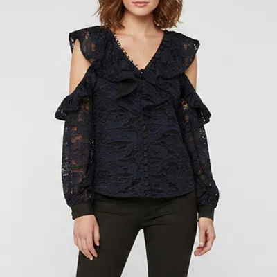 Pre-owned Self-portrait Navy Blue Guipure Lace Ruffled V-neck Blouse M