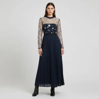 Pre-owned Self-portrait Navy Blue Mesh And Crepe Star Embellished Maxi Dress M