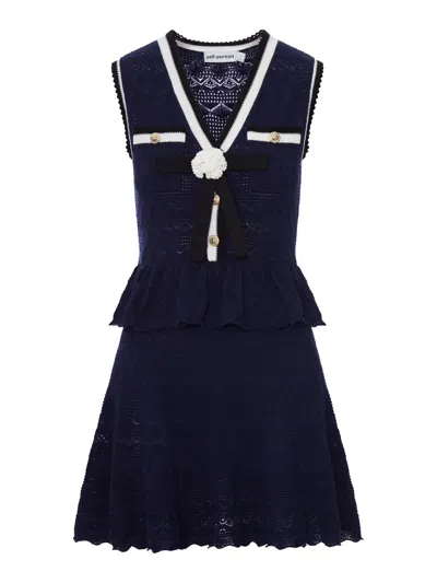 Self-portrait Navy Peplum Pointelle Knit Mini Dress Navy In Blue