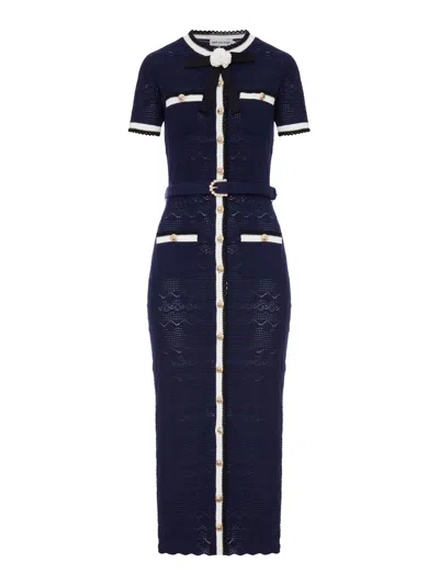 Self-portrait Navy Blue Perforated Knit Midi Dress