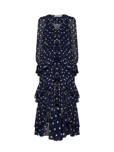 Self-portrait Navy Blue Polka Dot Georgette Ruffled Maxi Dress In Black