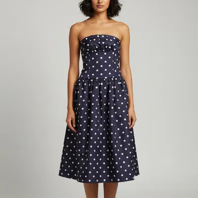 Pre-owned Self-portrait Navy Blue Polka Dot Print Satin Bandeau Midi Dress S