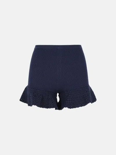 Self-portrait Viscose Blend Shorts Elastic Waist Ruffled Hem In Blue